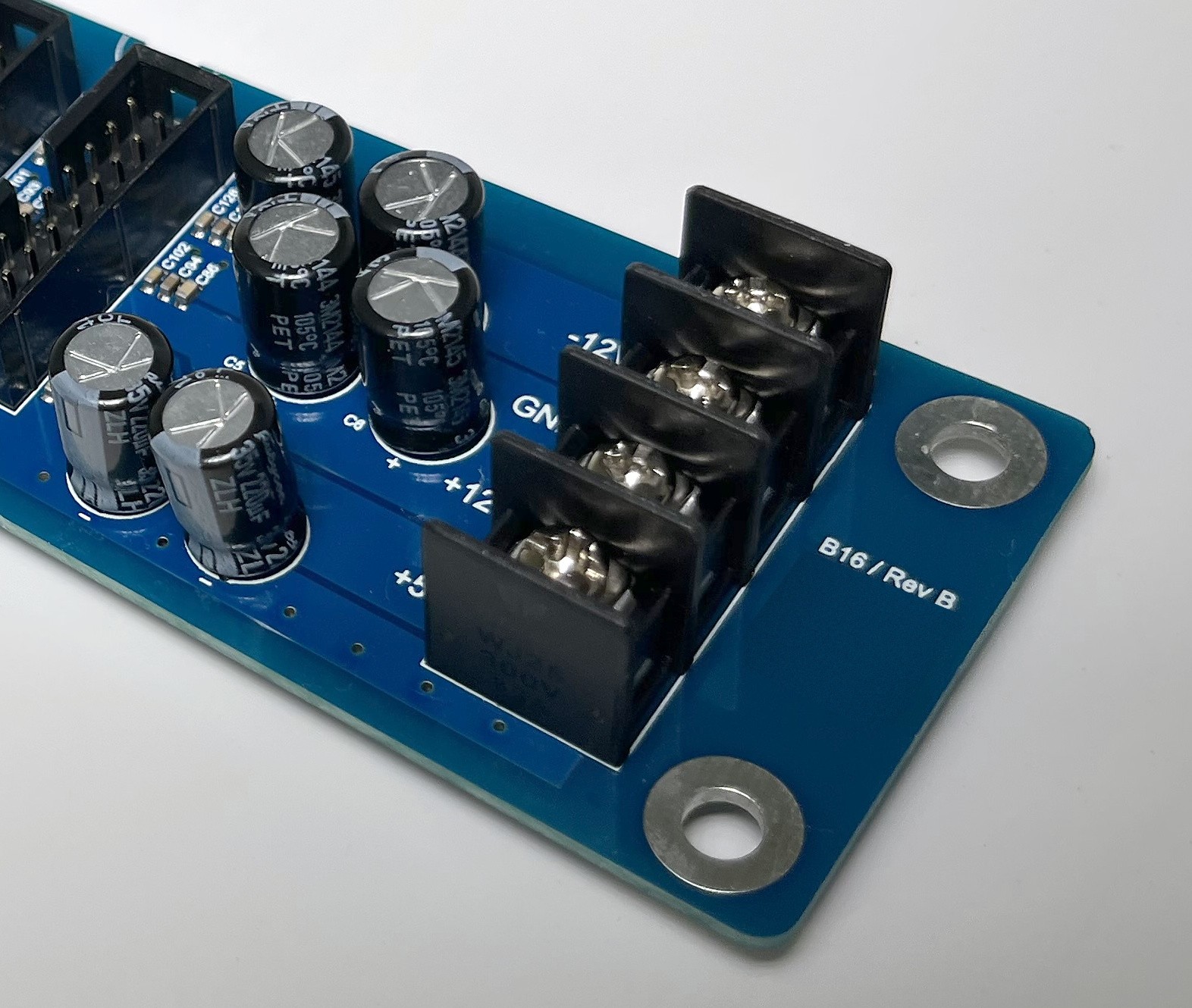 Close-up of the BD16 screw terminals, capacitors and module headers