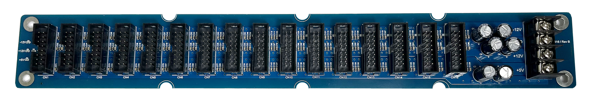 Rogue Modular BD16 bus board with sixteen module headers and screw-terminal power inputs
